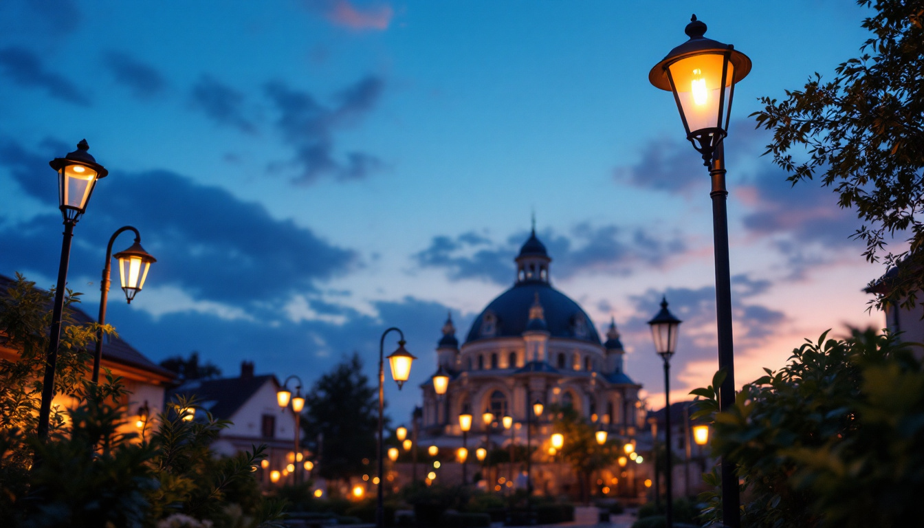A photograph of a beautifully illuminated outdoor space featuring various styles of external lamps