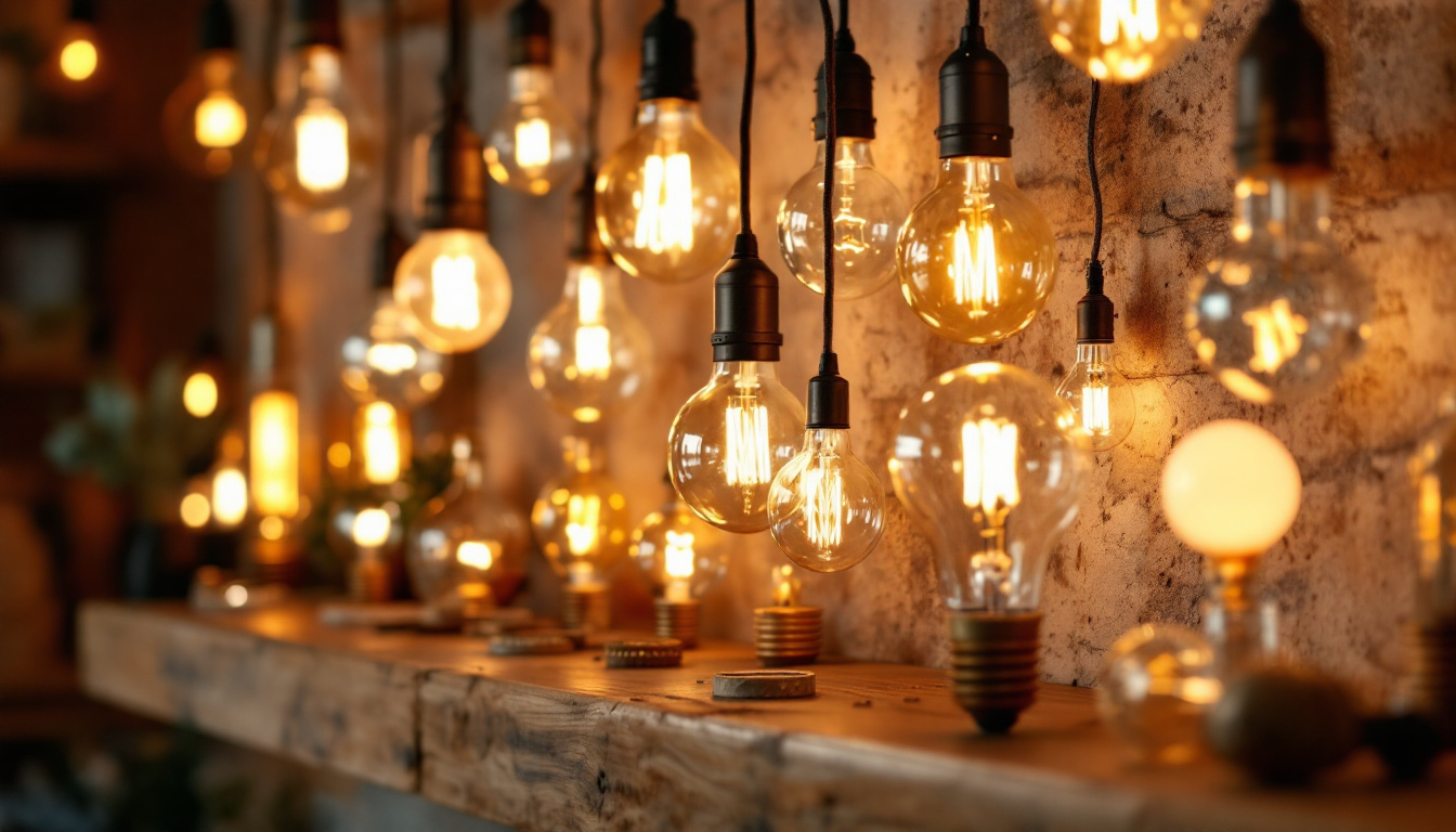 A photograph of a beautifully arranged display of various light bulbs in different shapes