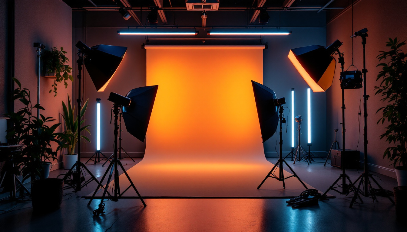 A photograph of a beautifully arranged strip lighting setup in a studio environment