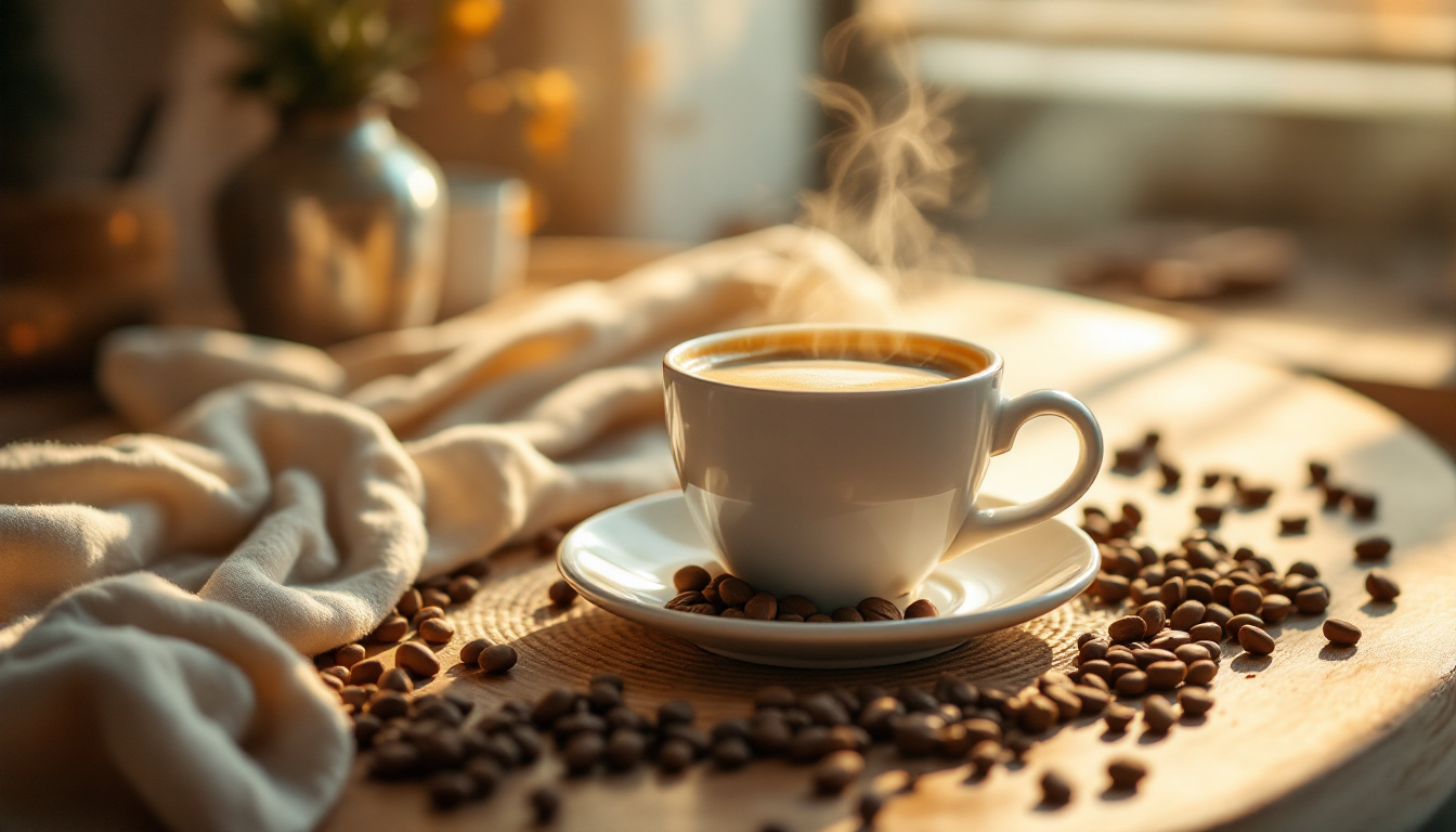 A photograph of a beautifully arranged coffee setup featuring a steaming cup of coffee