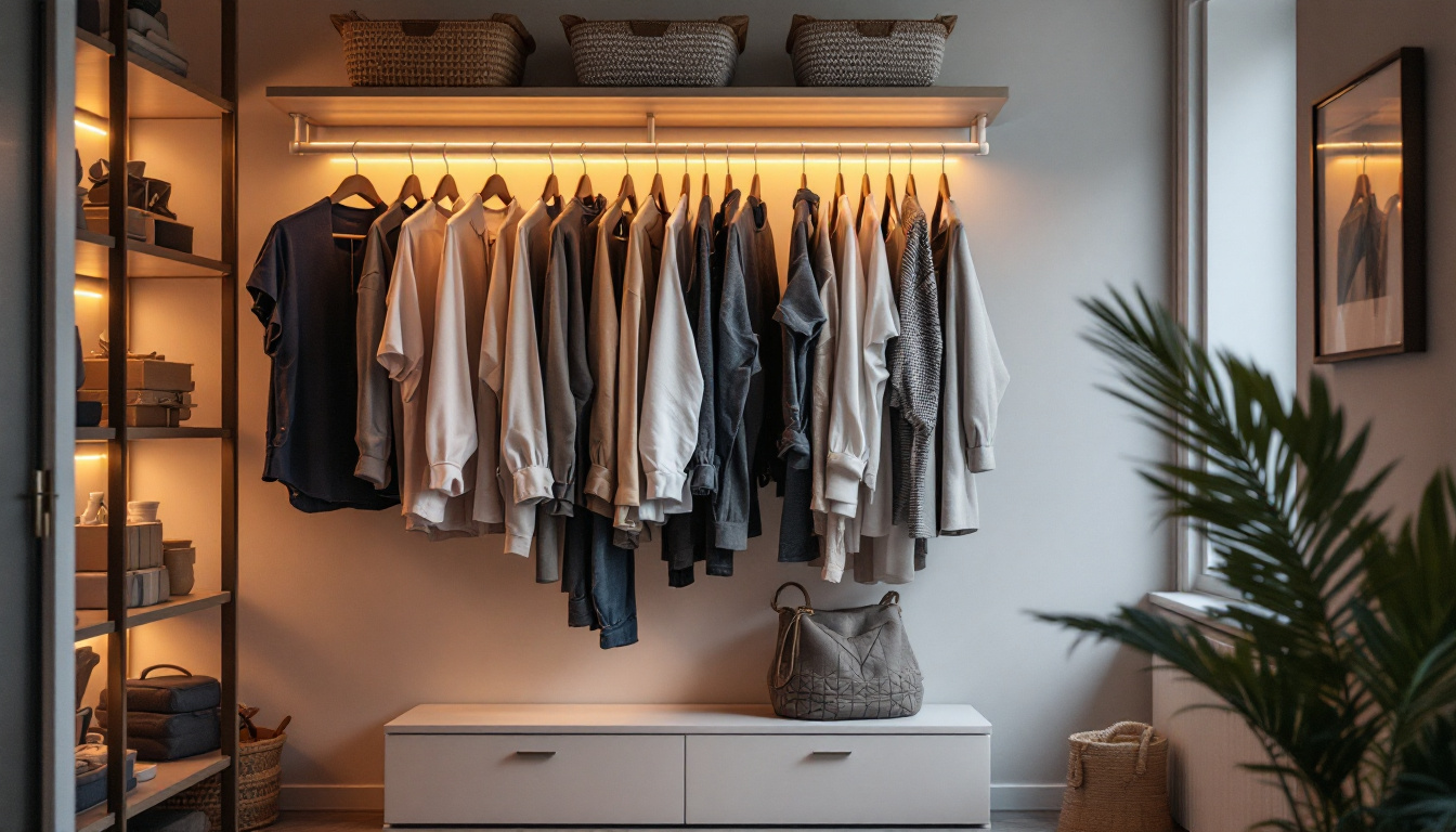 A photograph of a well-organized closet featuring warm