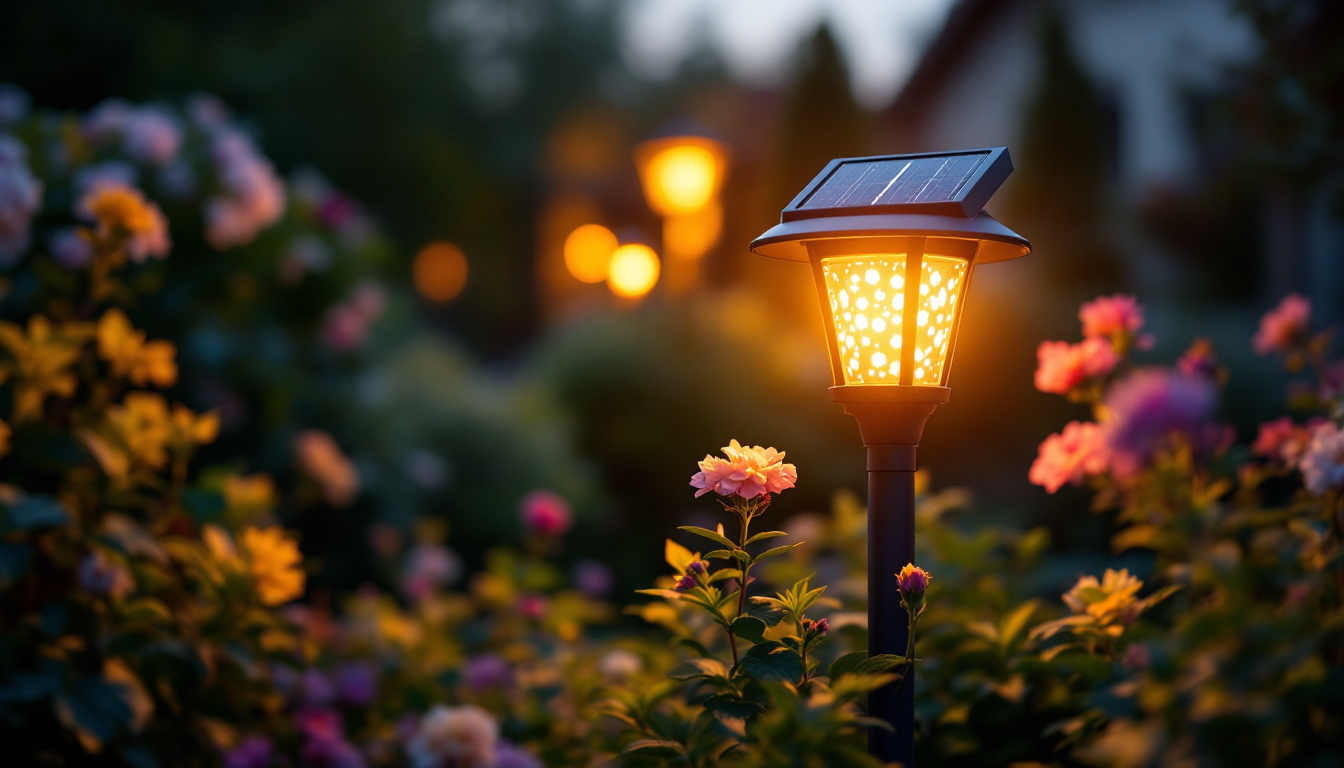 A photograph of a beautifully illuminated solar yard light in a garden setting at dusk