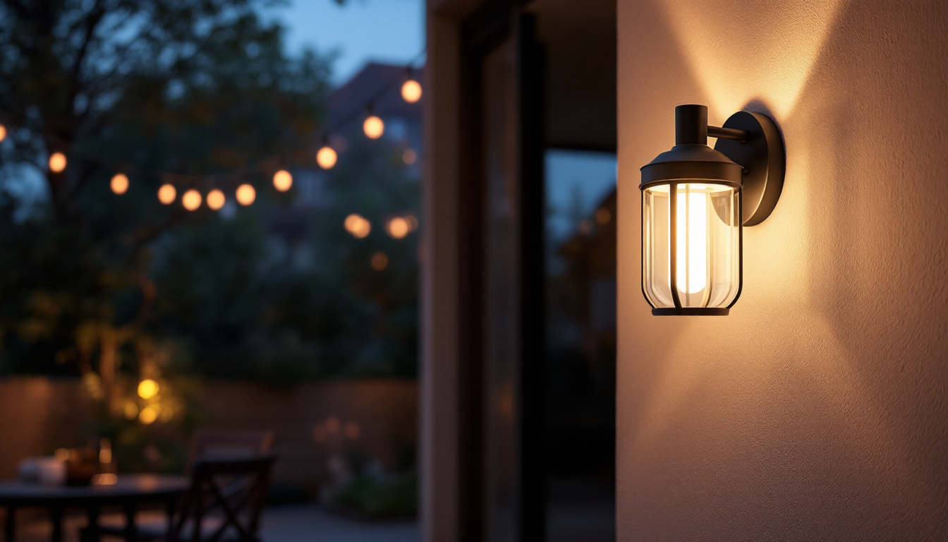 A photograph of a beautifully designed outdoor wall-mounted lamp illuminating a charming outdoor space