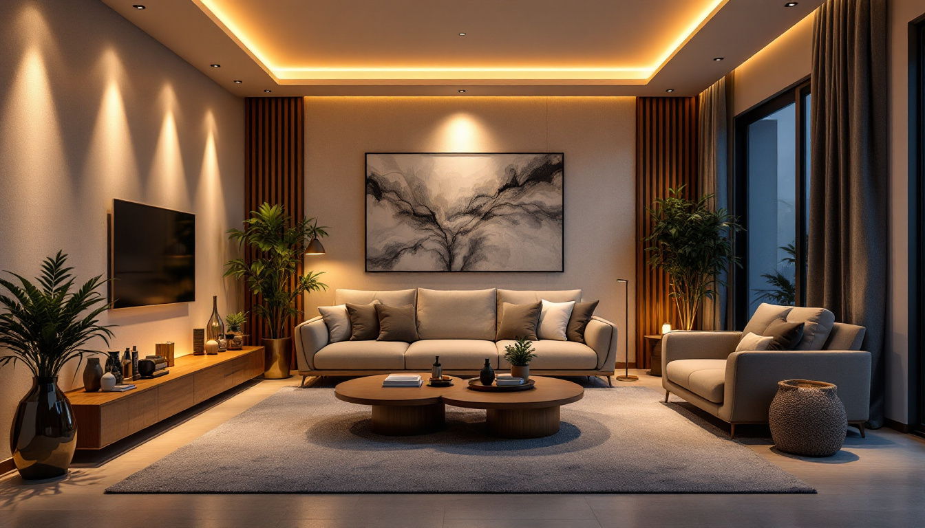 A photograph of a beautifully lit modern living space showcasing various led recessed lights in different settings