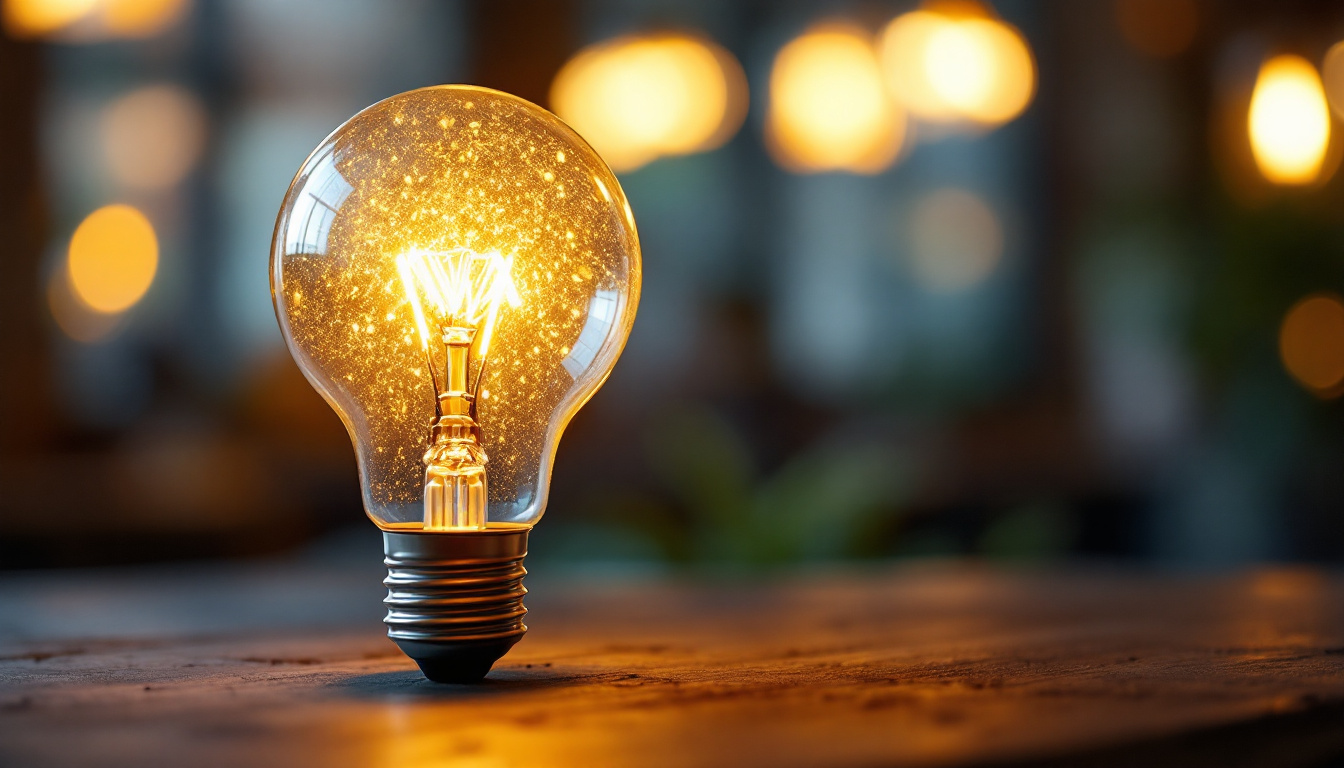 A photograph of a close-up of a shatter-resistant light bulb in an industrial or home setting