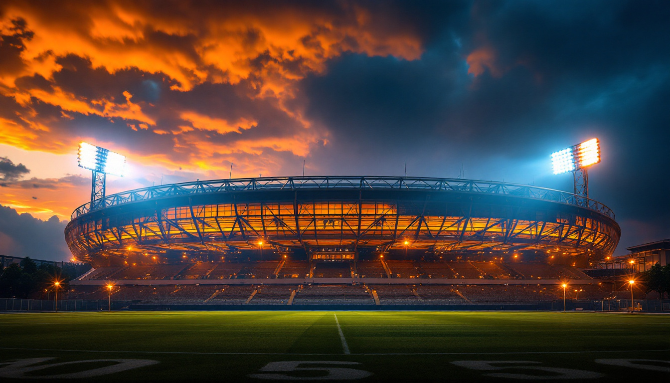 A photograph of a modern stadium illuminated under dramatic weather conditions