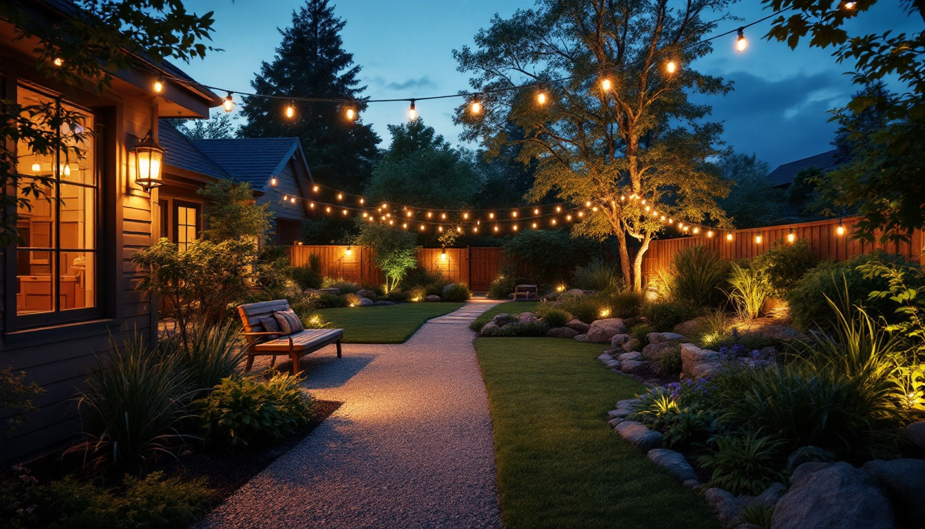 A photograph of a beautifully illuminated backyard at dusk