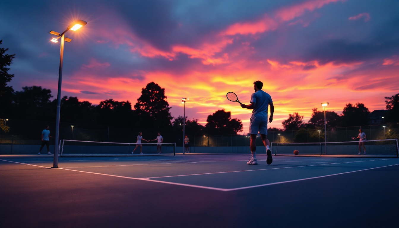 A photograph of a well-lit tennis court at dusk