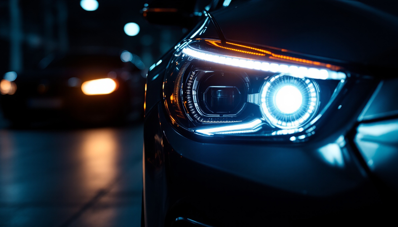 A photograph of a sleek sylvania automotive headlight illuminated against a dark backdrop