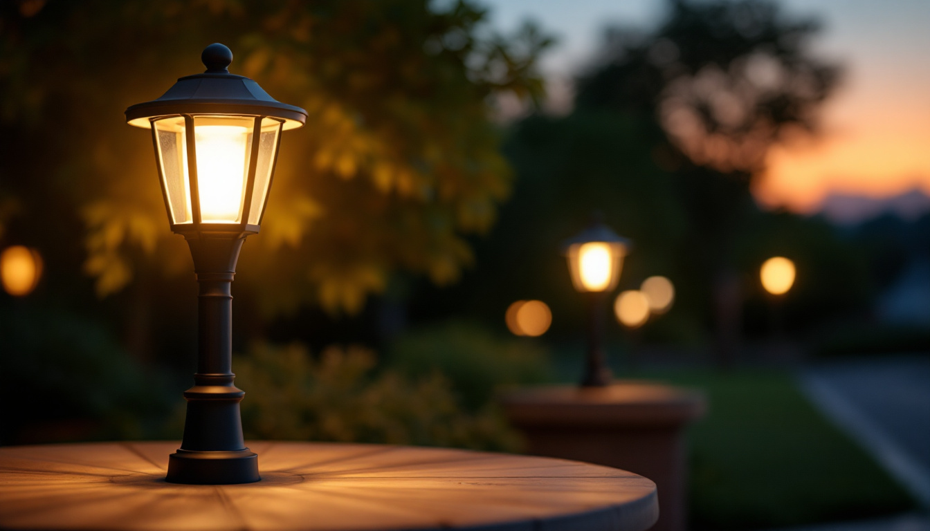 A photograph of a beautifully illuminated outdoor post lamp at dusk