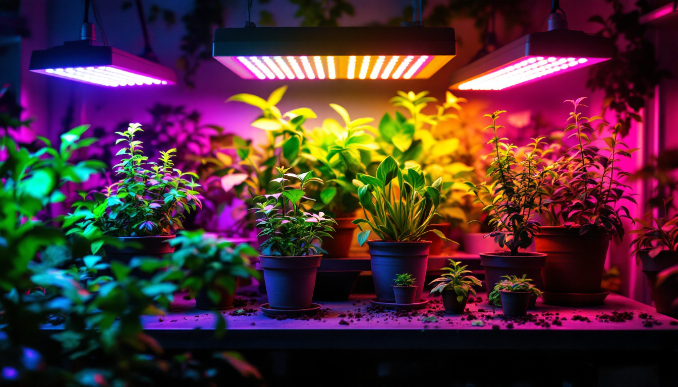 A photograph of a vibrant indoor garden illuminated by various types of discount grow lights