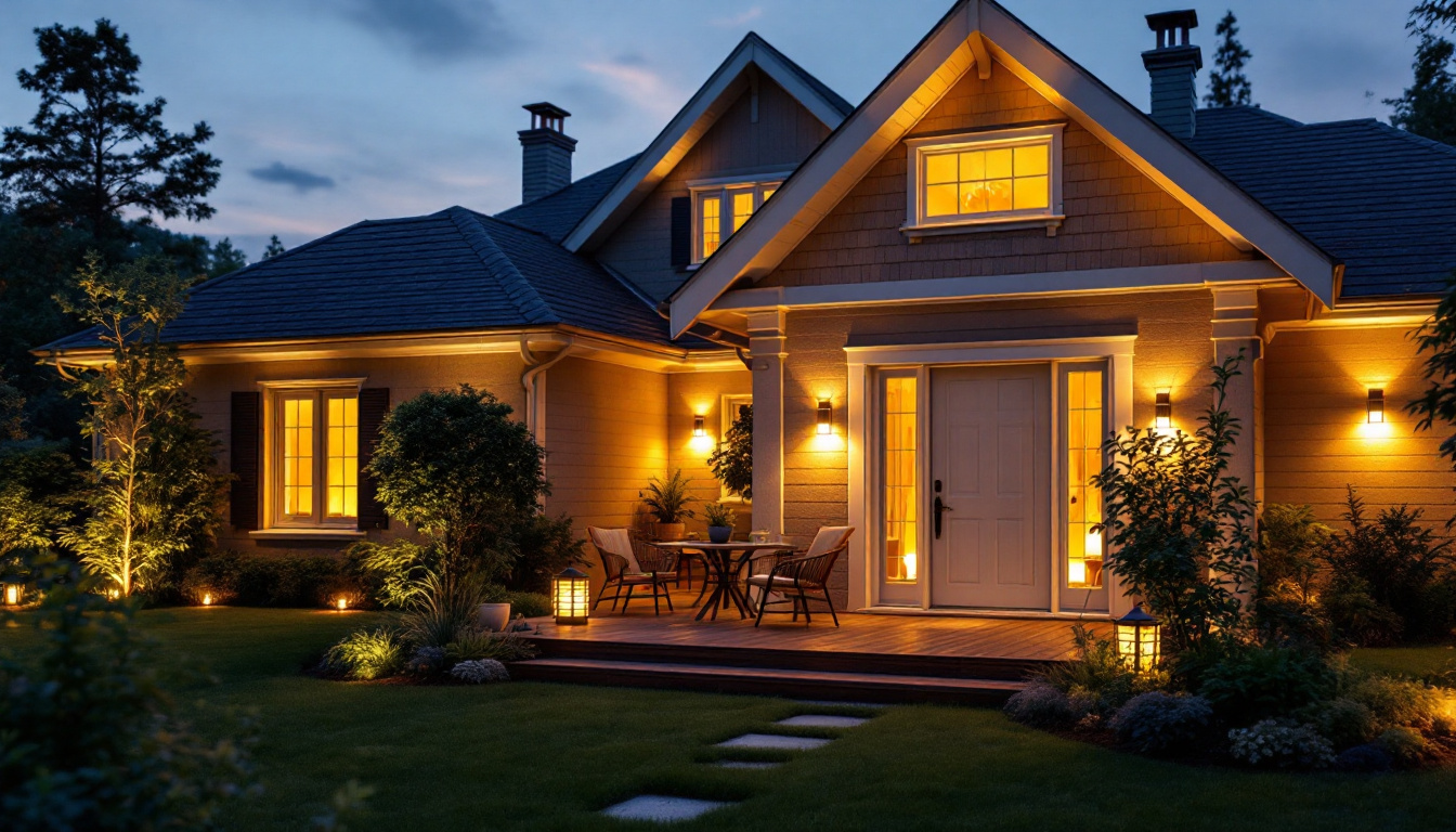 A photograph of a beautifully lit outdoor space showcasing a variety of decorative and functional outdoor lights illuminating a house at dusk