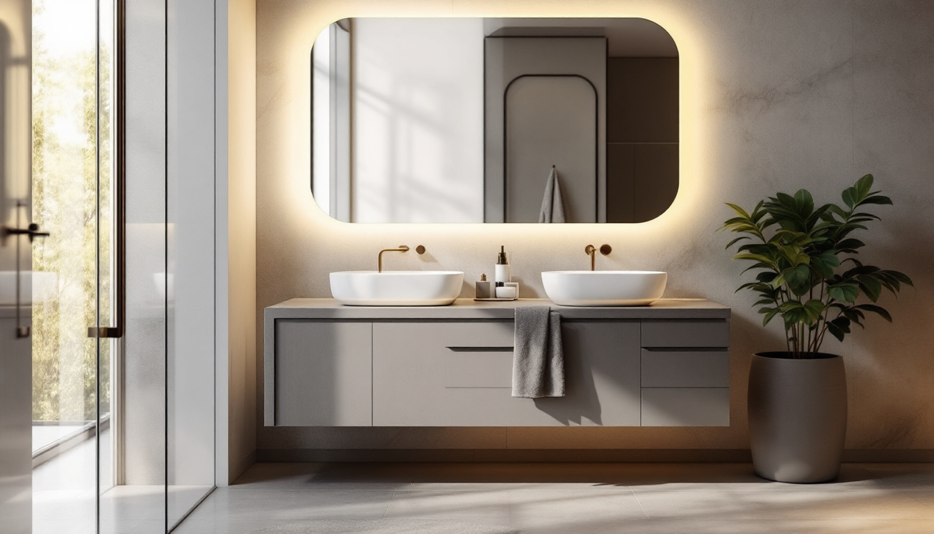 A photograph of a stylish contemporary bathroom featuring a beautifully designed vanity with modern lighting fixtures