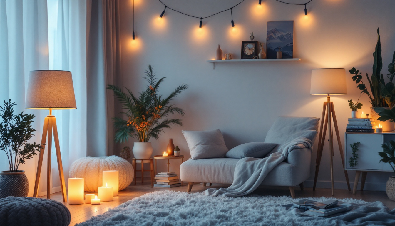 A photograph of a softly lit interior space featuring various light sources