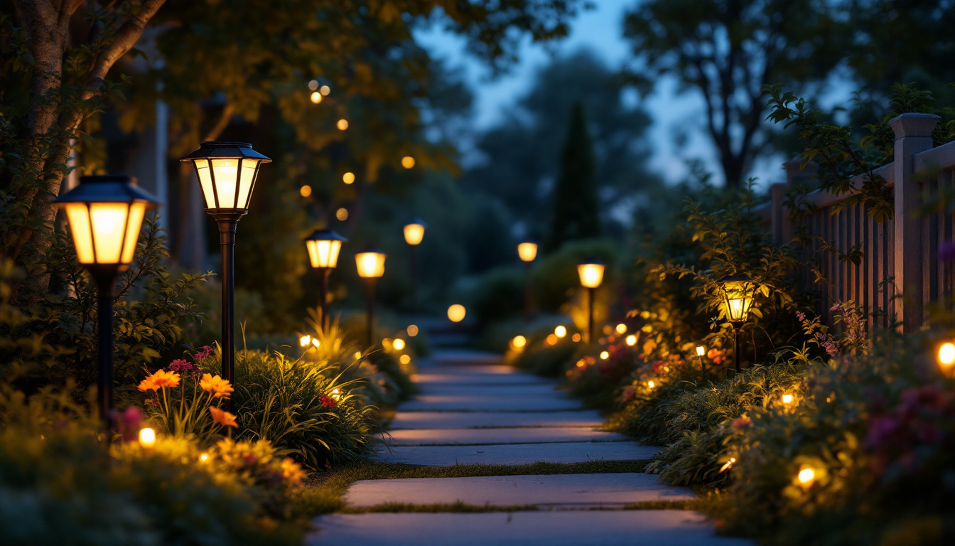 A photograph of a beautifully illuminated garden at dusk