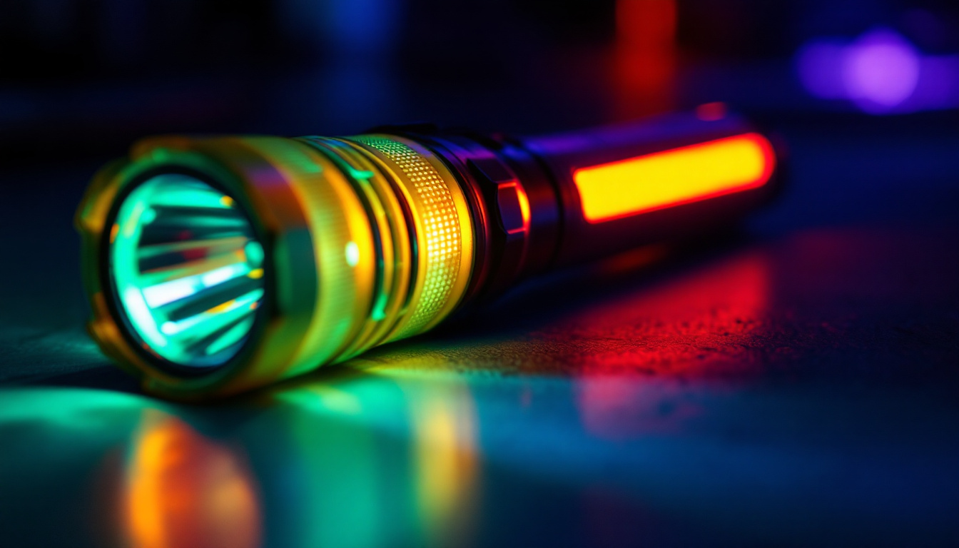 A photograph of a close-up shot of a fluorescent flashlight illuminating a dark space