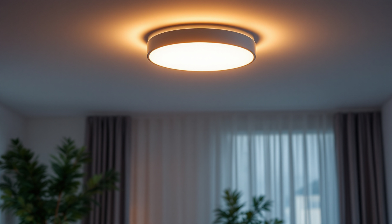 A photograph of a stylish modern flush mount ceiling light installed in a well-decorated room
