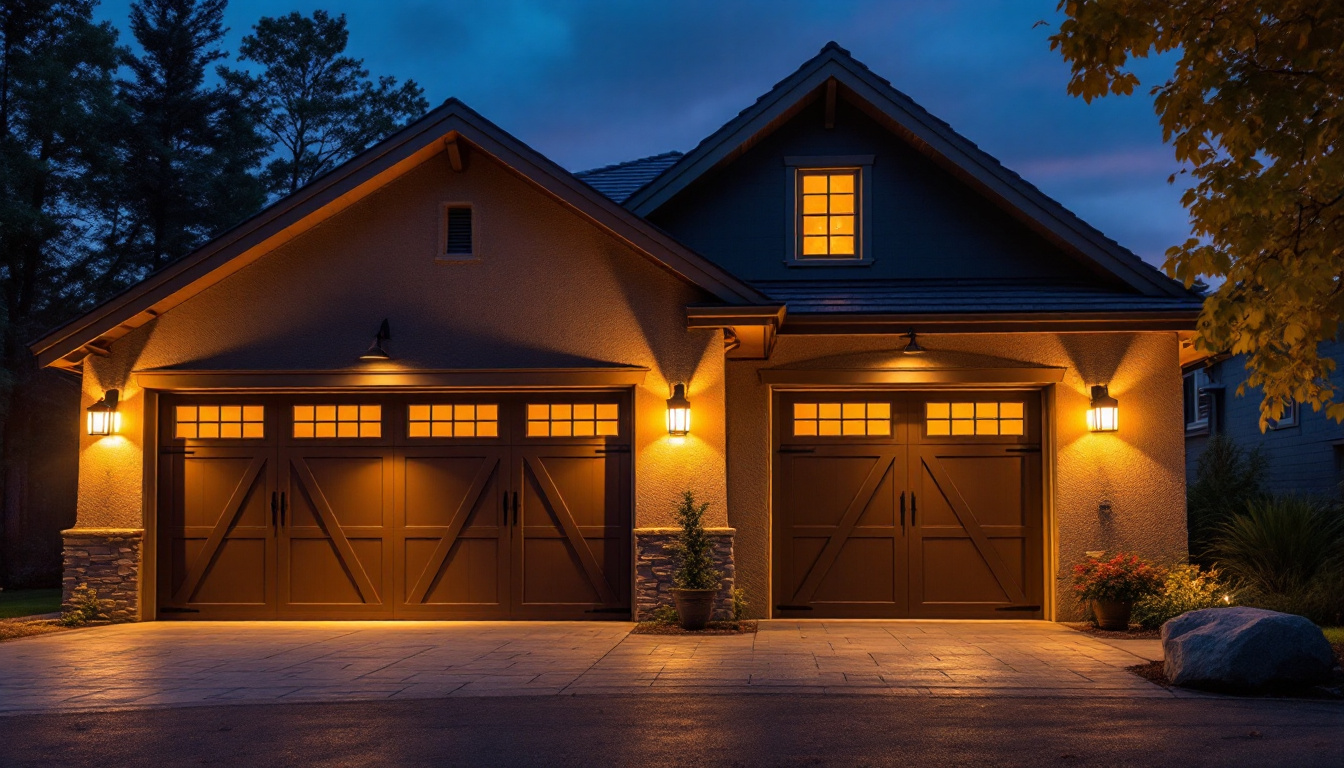 A photograph of a beautifully illuminated garage exterior at dusk