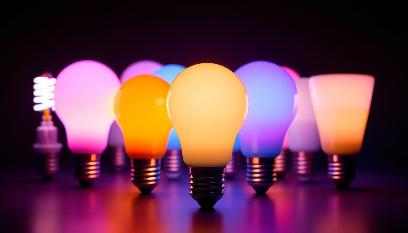 A photograph of a close-up shot of various 10v led bulbs illuminated in different colors and designs
