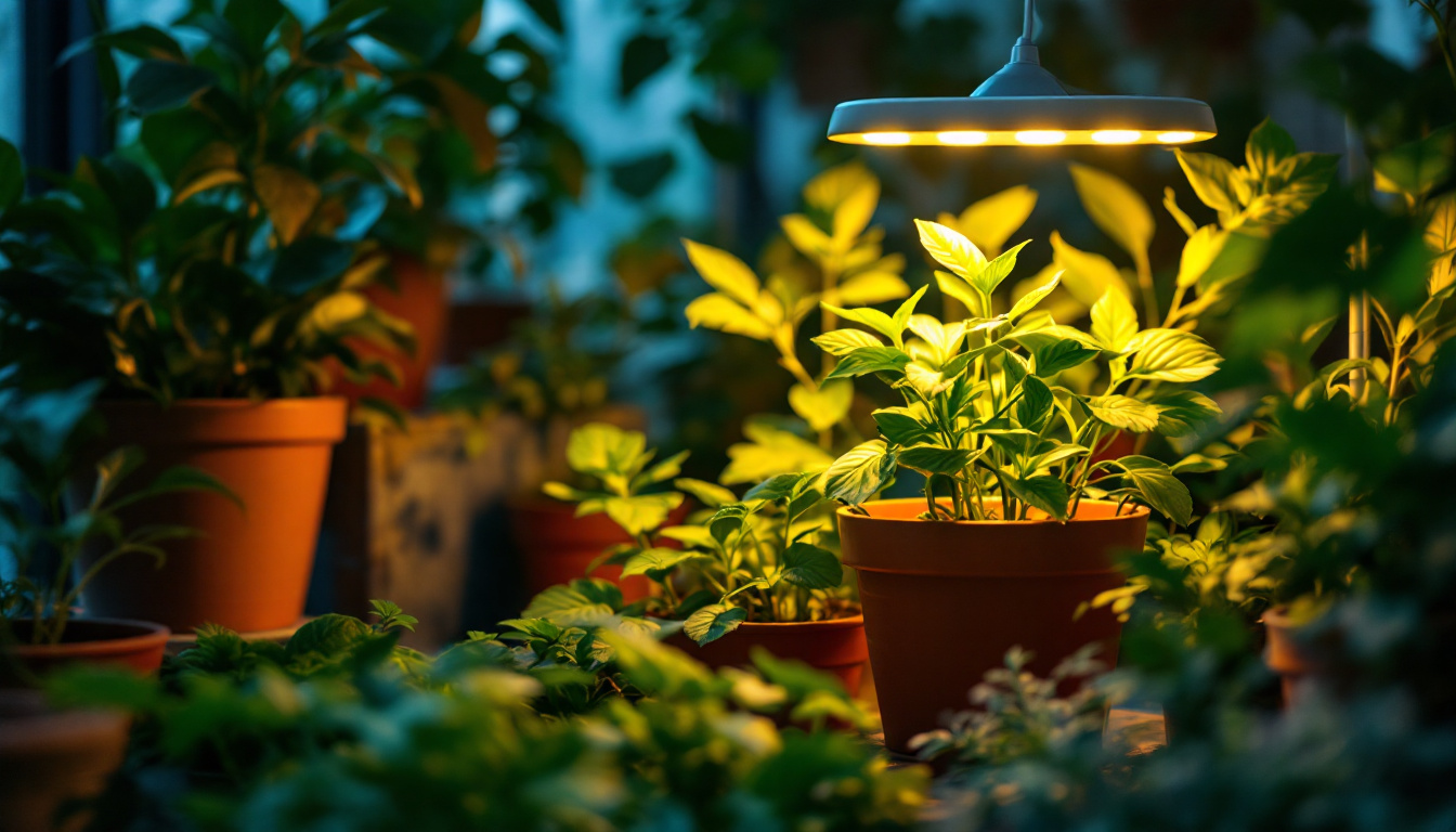 A photograph of a vibrant indoor garden scene illuminated by solar-powered grow lamps