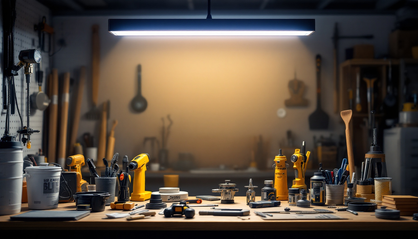 A photograph of a well-lit workspace featuring a 4ft led shop light illuminating various tools and materials