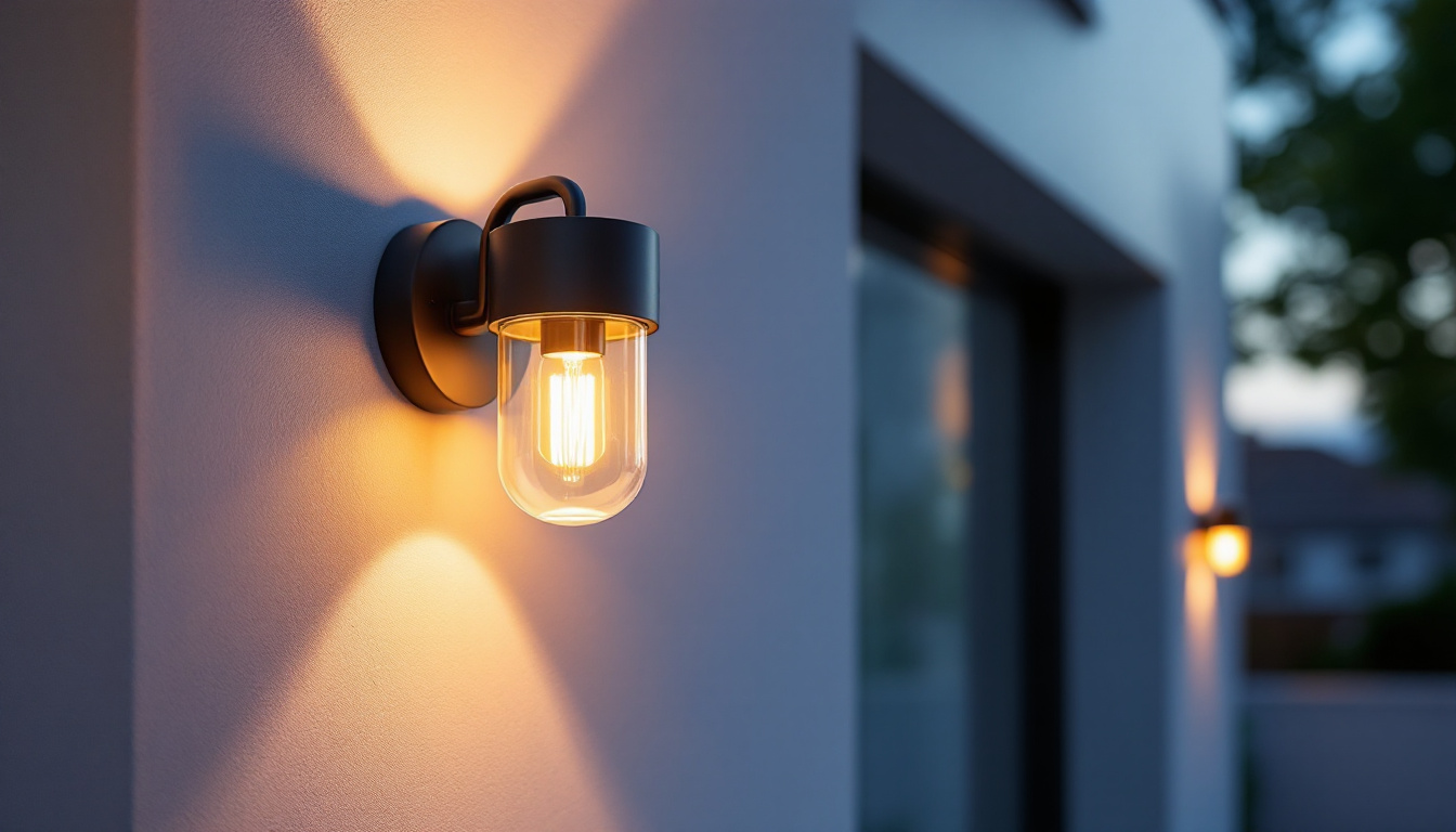 A photograph of a beautifully illuminated outdoor wall light mounted on a stylish house facade during twilight