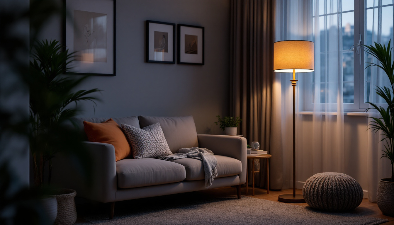 A photograph of a stylish shop floor lamp in a cozy