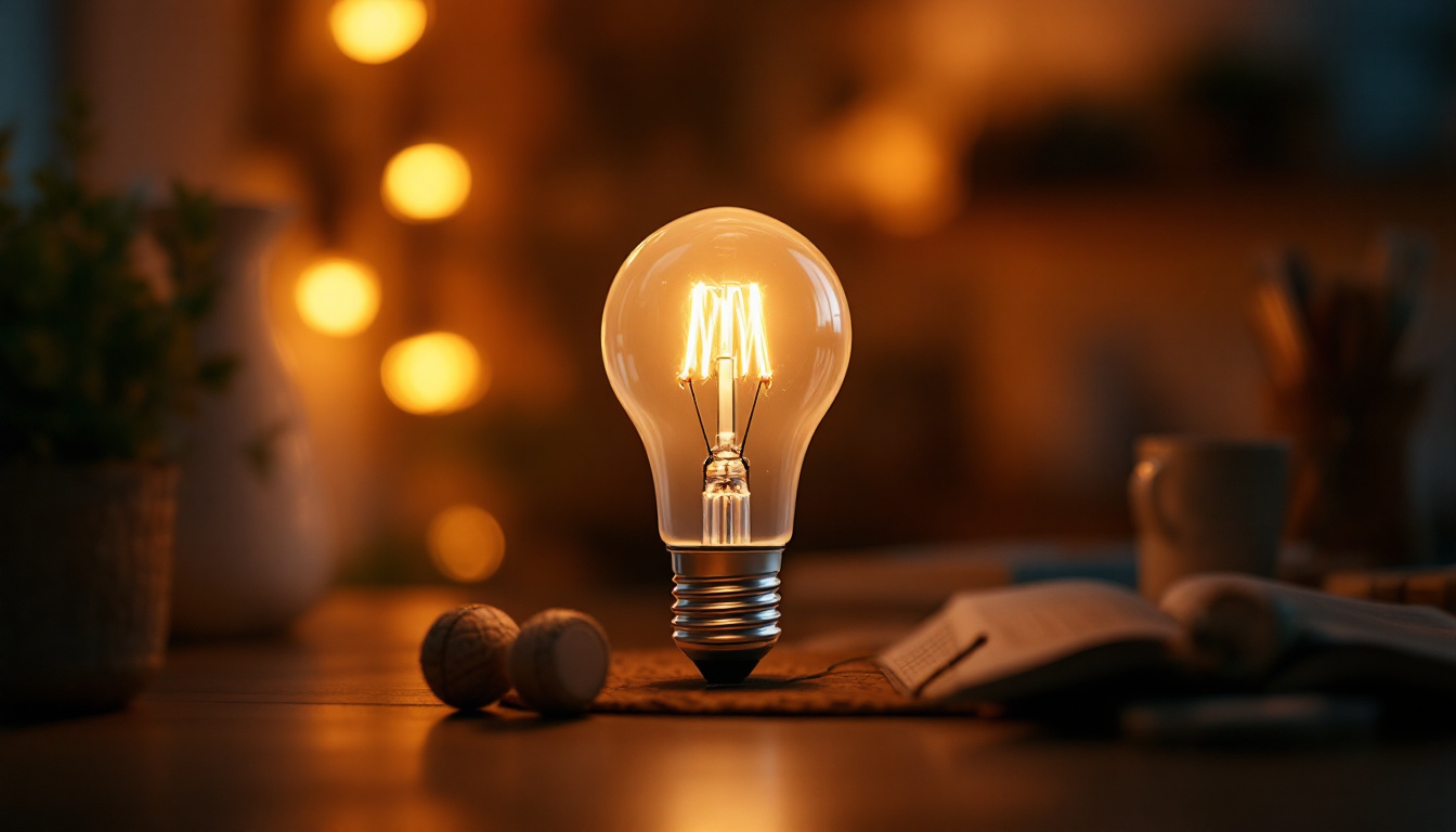 A photograph of a type b 40-watt light bulb illuminated in a cozy home setting
