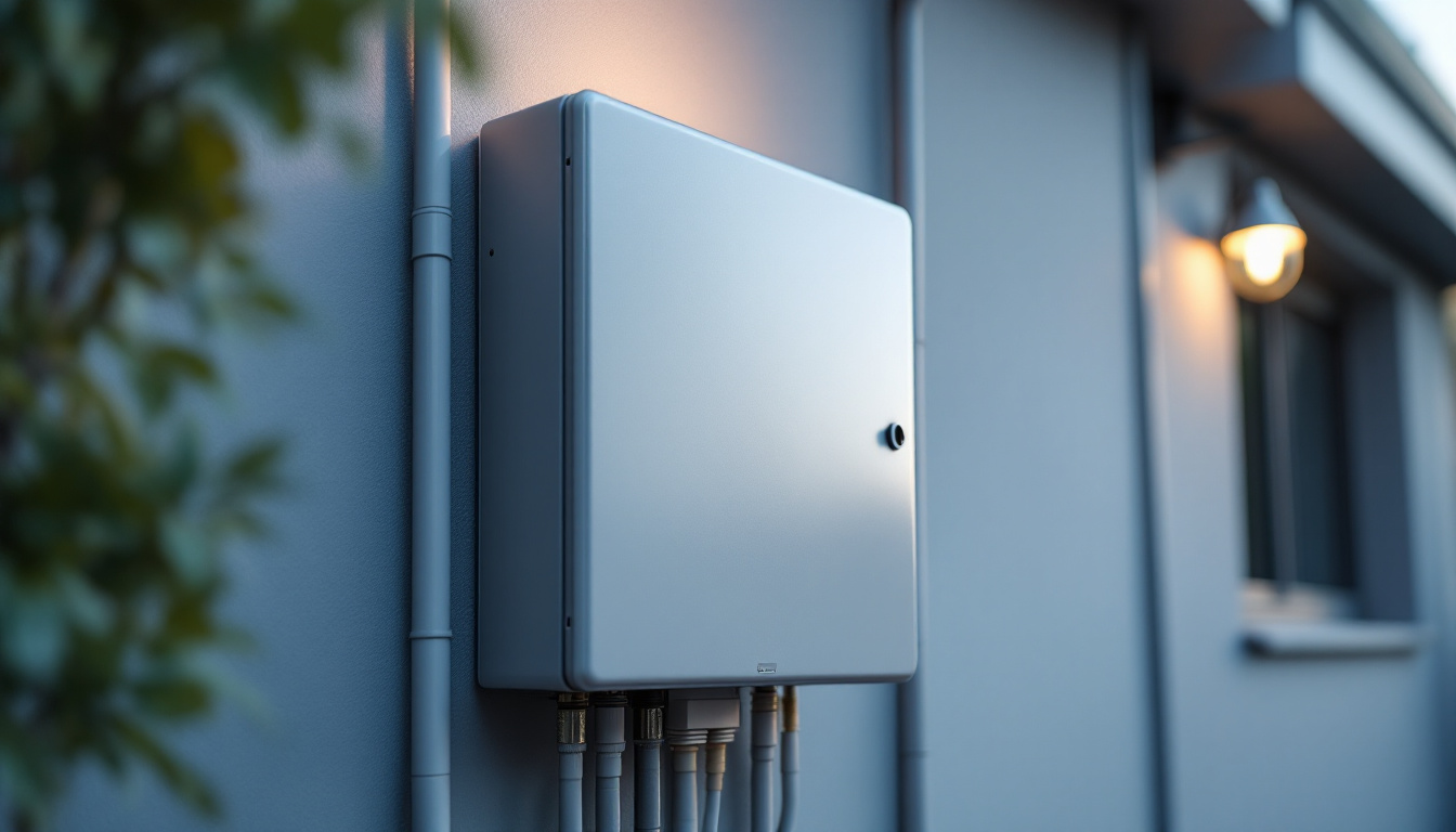 A photograph of a well-lit exterior electrical box installed on a building