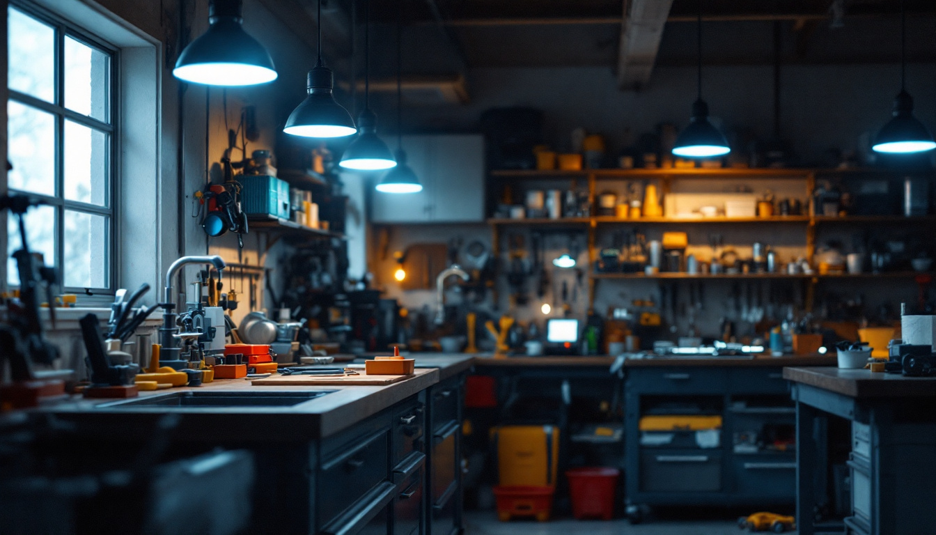 A photograph of capture a photograph of a well-lit workshop or garage space showcasing several 4-foot led shop lights in action