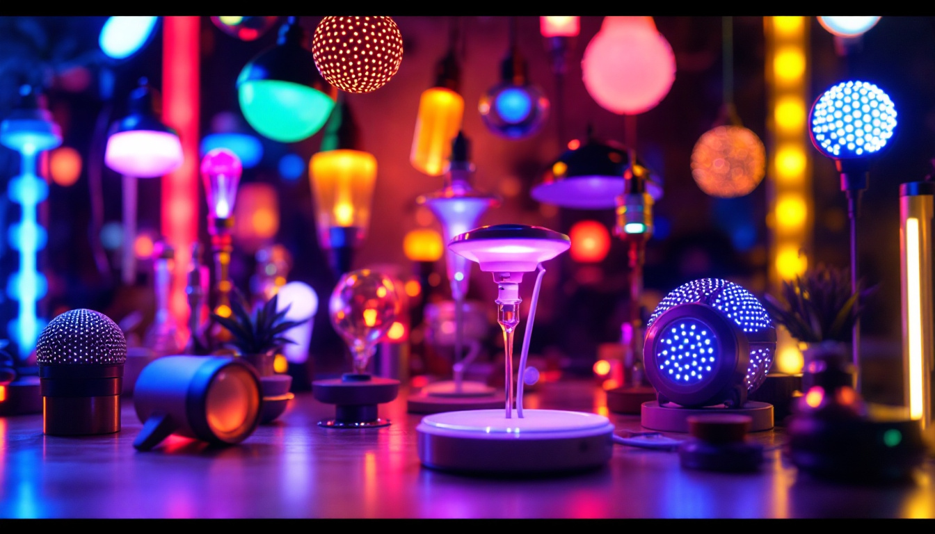 A photograph of a vibrant display of various led lights in different colors and shapes