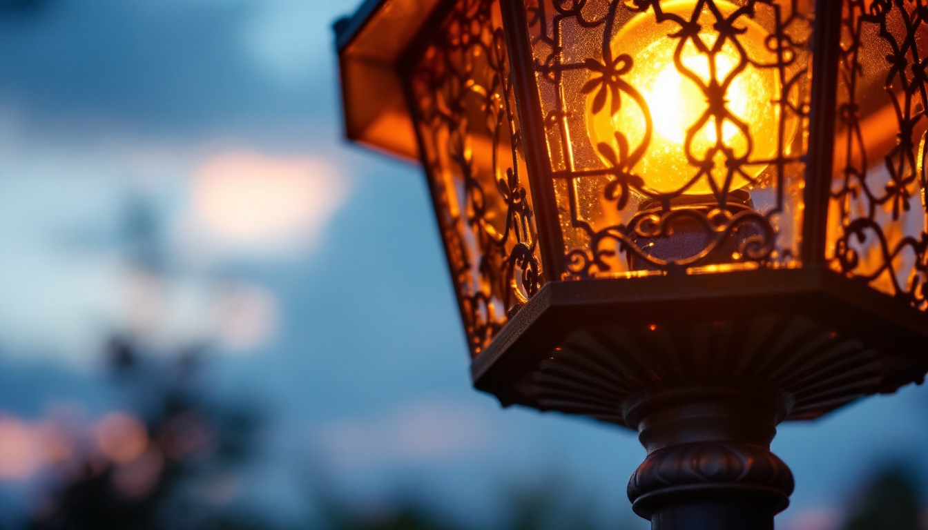 A photograph of a close-up view of a solar panel on a decorative lantern