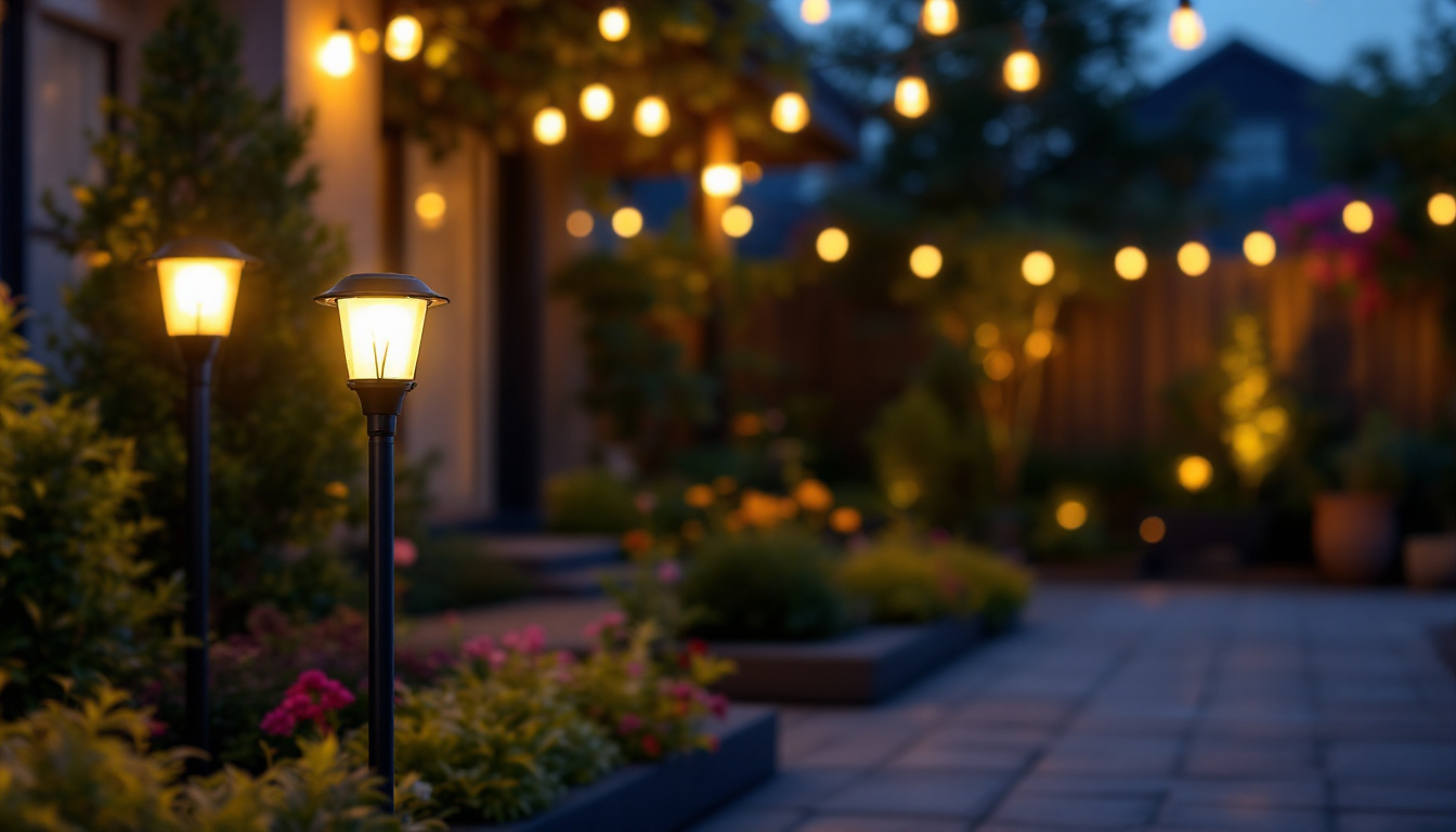 A photograph of a beautifully illuminated outdoor space showcasing various flood light bulbs in use
