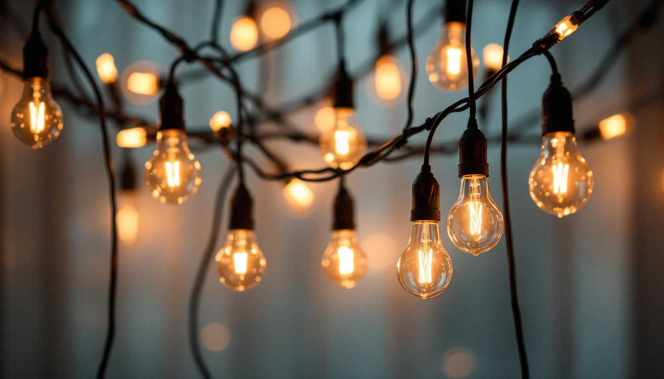 A photograph of a beautifully arranged wire cord lighting fixture