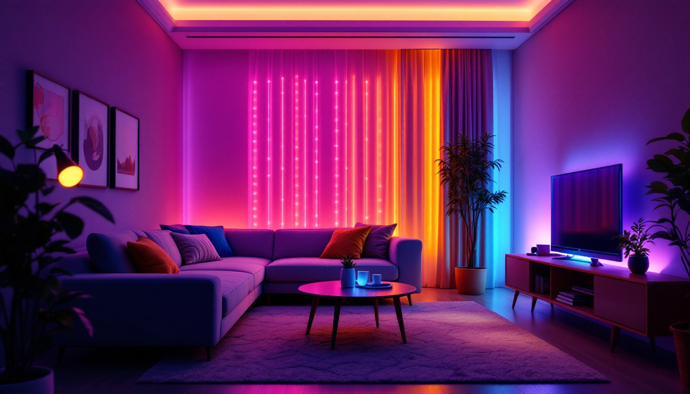 A photograph of a vibrant led bulb strip illuminating a modern living space