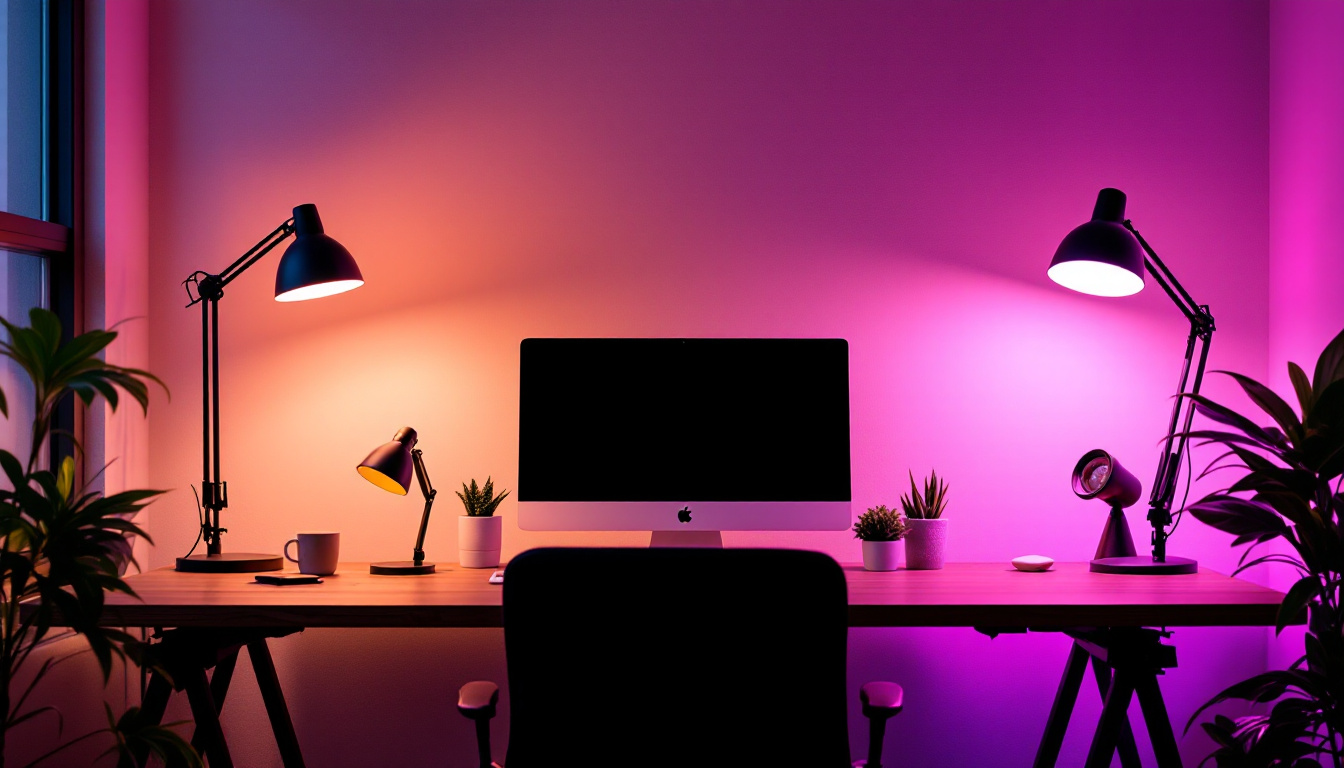 A photograph of a stylish office space featuring a variety of modern lamps in use