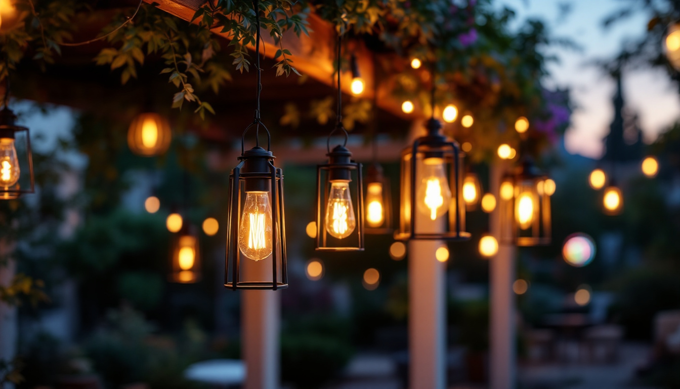 A photograph of a beautifully illuminated outdoor space featuring various hanging lantern light fixtures