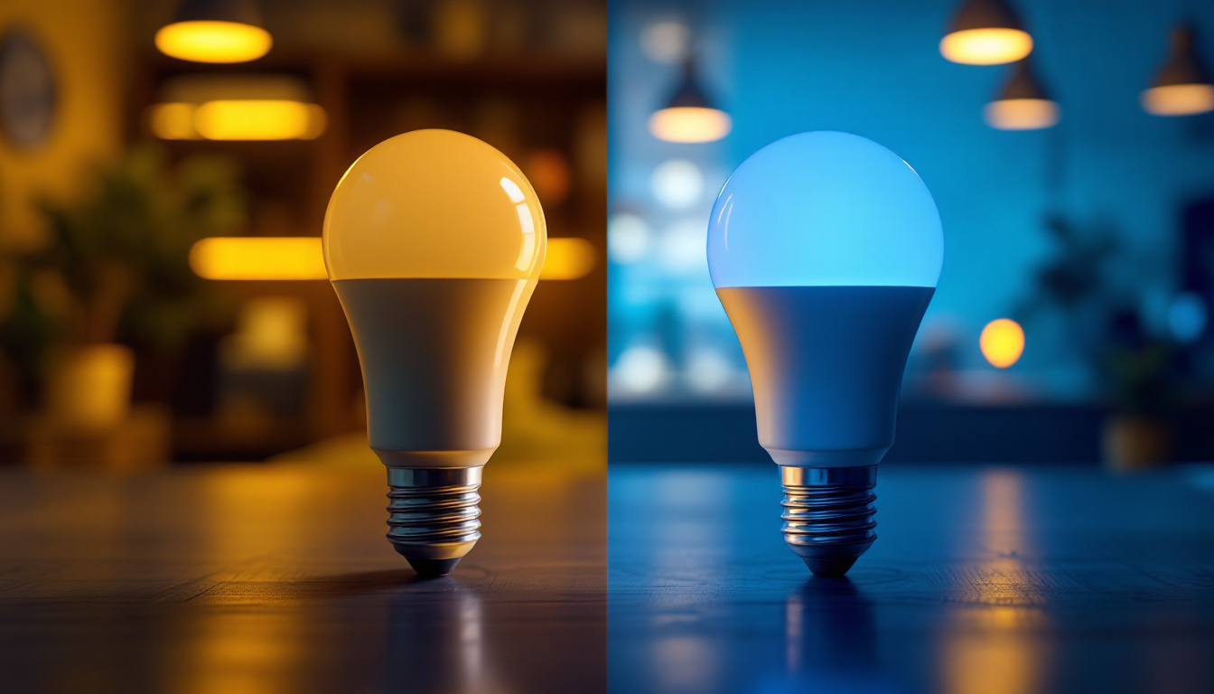 A photograph of a side-by-side comparison of fluorescent and led light bulbs