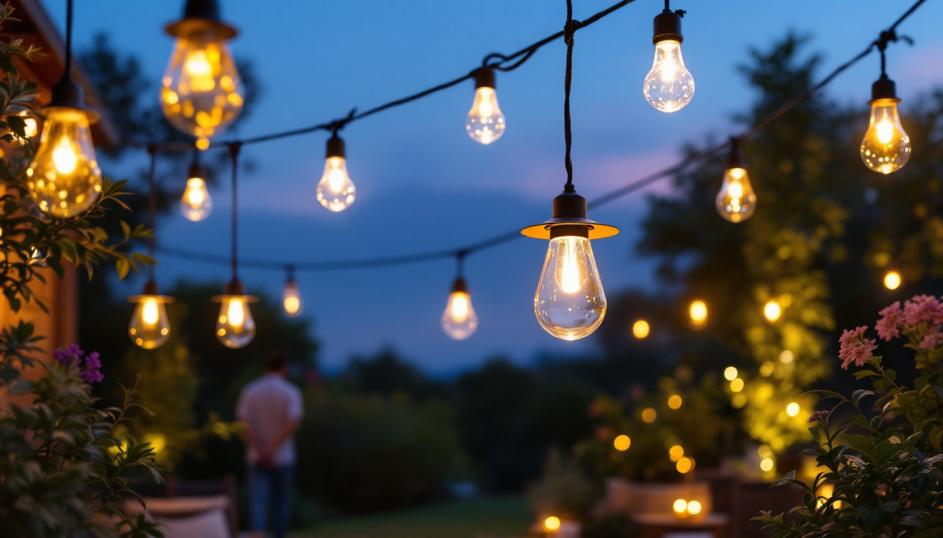 A photograph of a beautifully arranged outdoor setting featuring various styles of waterproof hanging lights illuminated at dusk