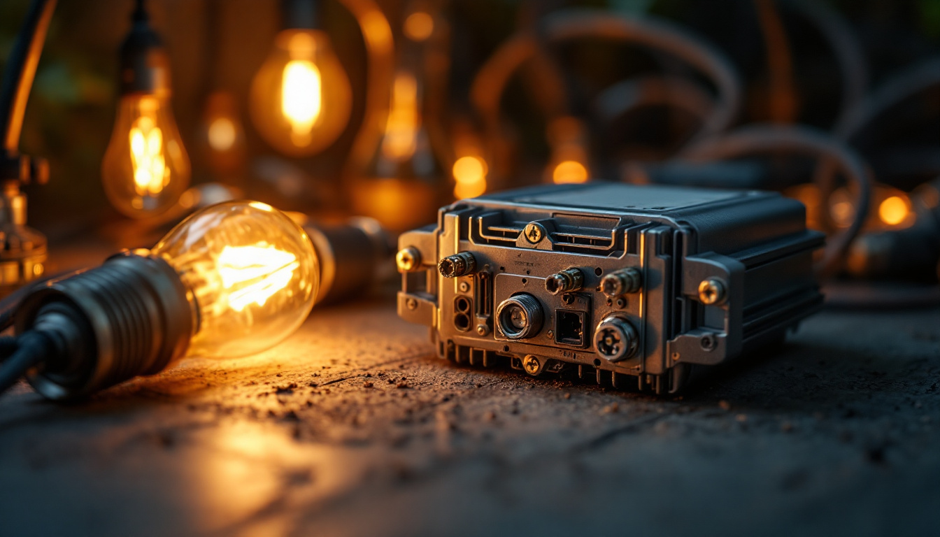 A photograph of a close-up shot of an electric ballast alongside various types of lighting fixtures