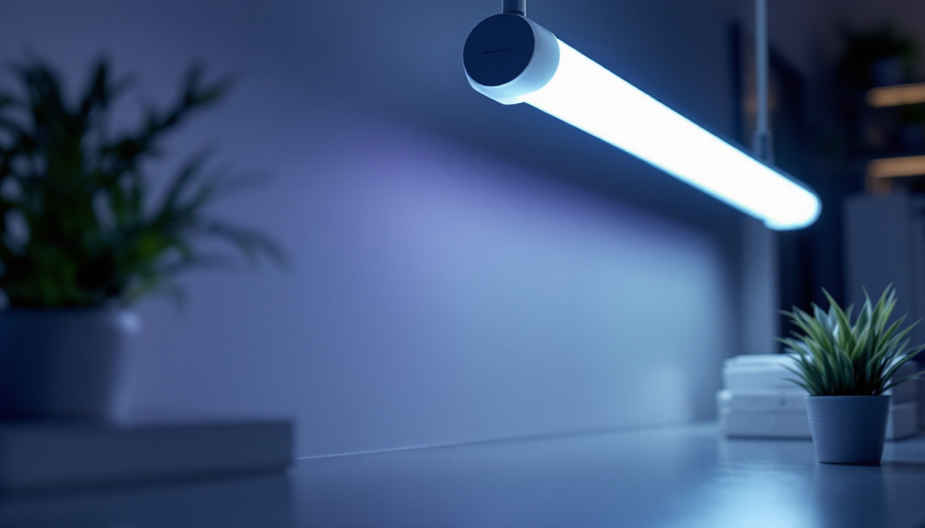 A photograph of a well-lit workspace featuring a t8 fluorescent tube in use