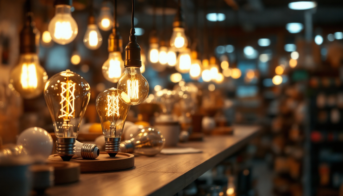 A photograph of a well-lit display of various types of light bulbs in a home improvement store