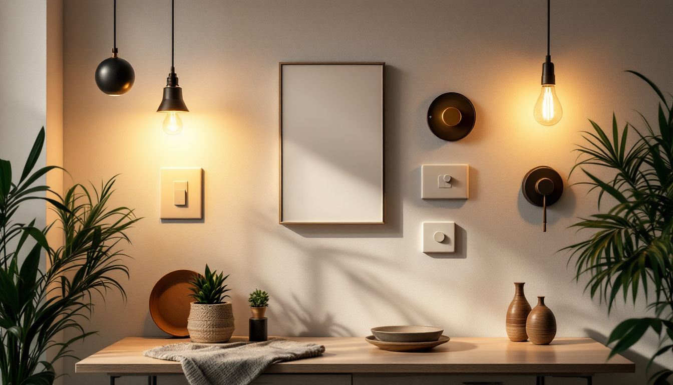 A photograph of a well-lit room showcasing a variety of stylish wall plates and lighting fixtures