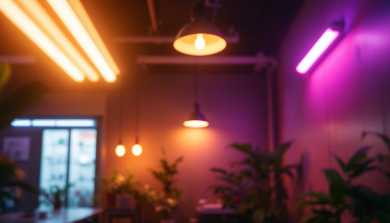 A photograph of a vibrant indoor setting showcasing both led and fluorescent lights in use