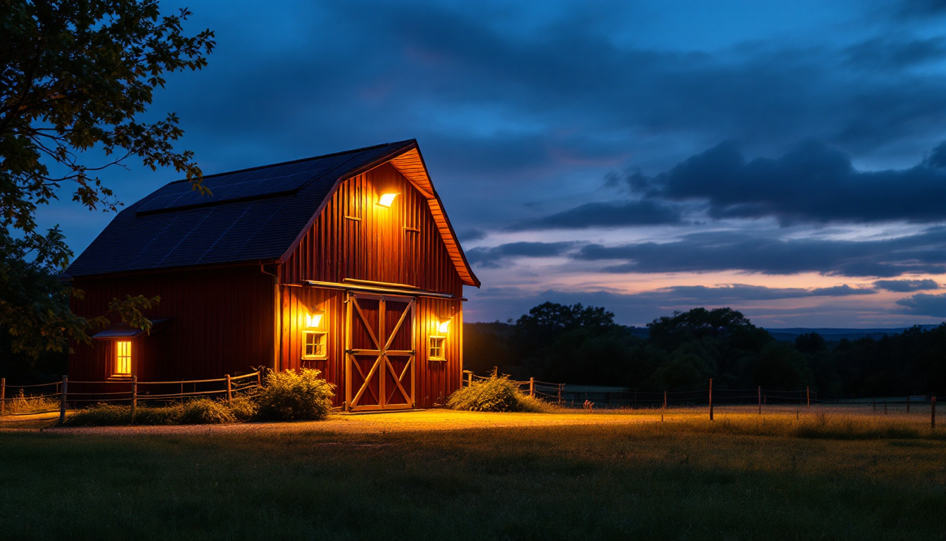 A photograph of a beautifully illuminated barn at dusk