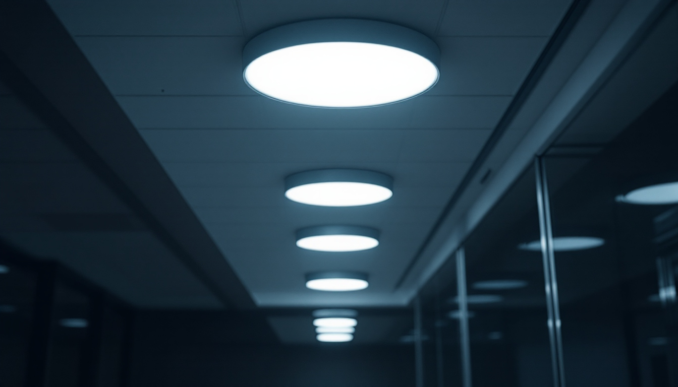 A photograph of a modern office space with automatic lighting fixtures
