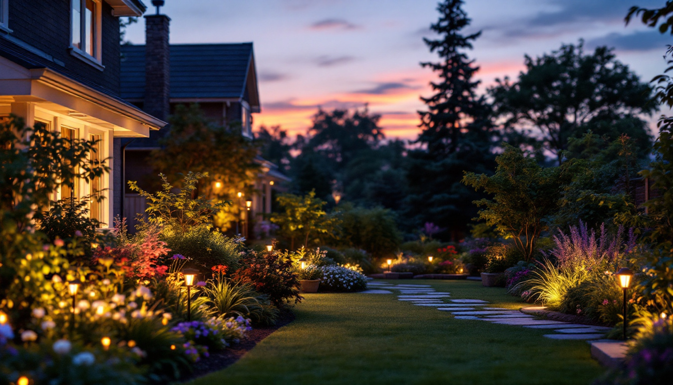 A photograph of a beautifully illuminated garden at dusk