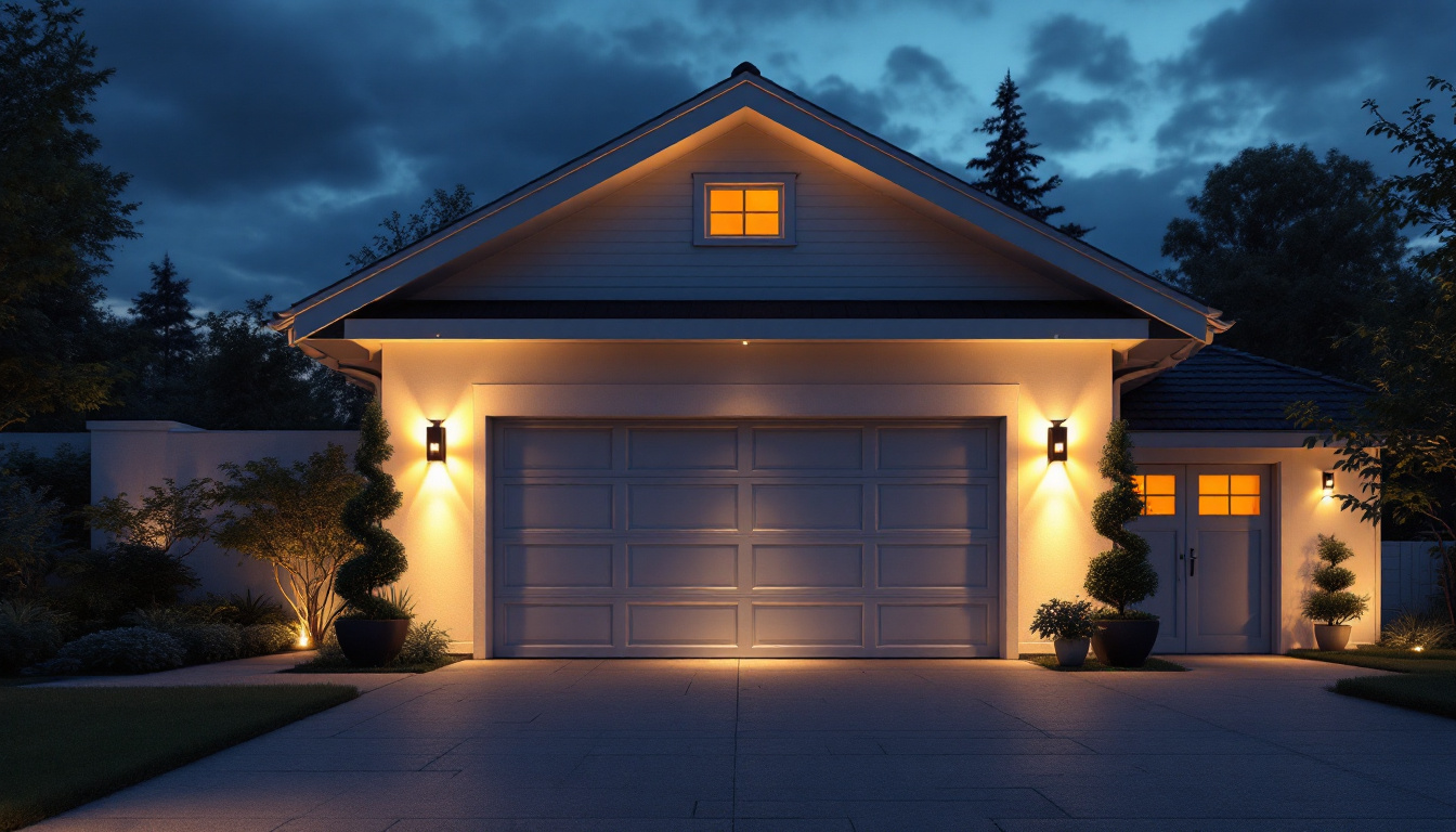 A photograph of a beautifully illuminated exterior garage at dusk