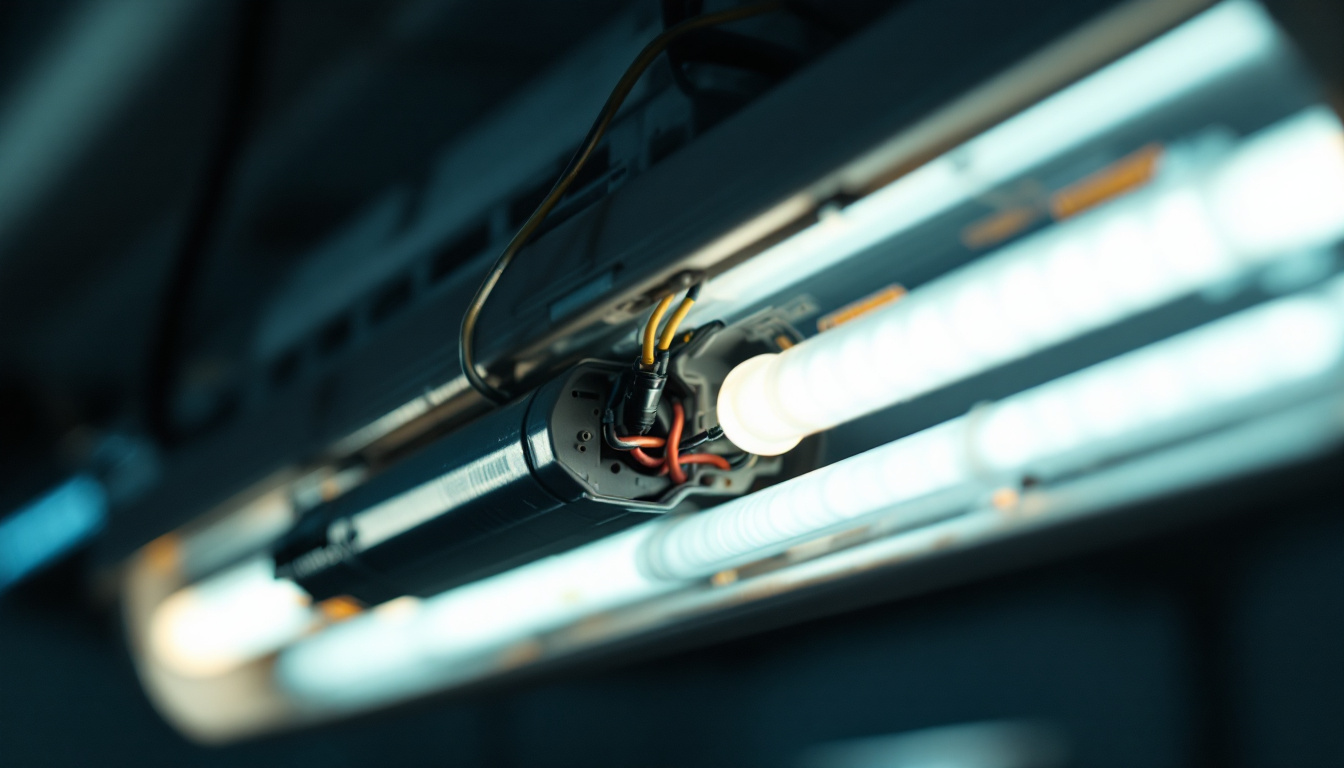 A photograph of a close-up view of a fluorescent lighting fixture with its ballast exposed