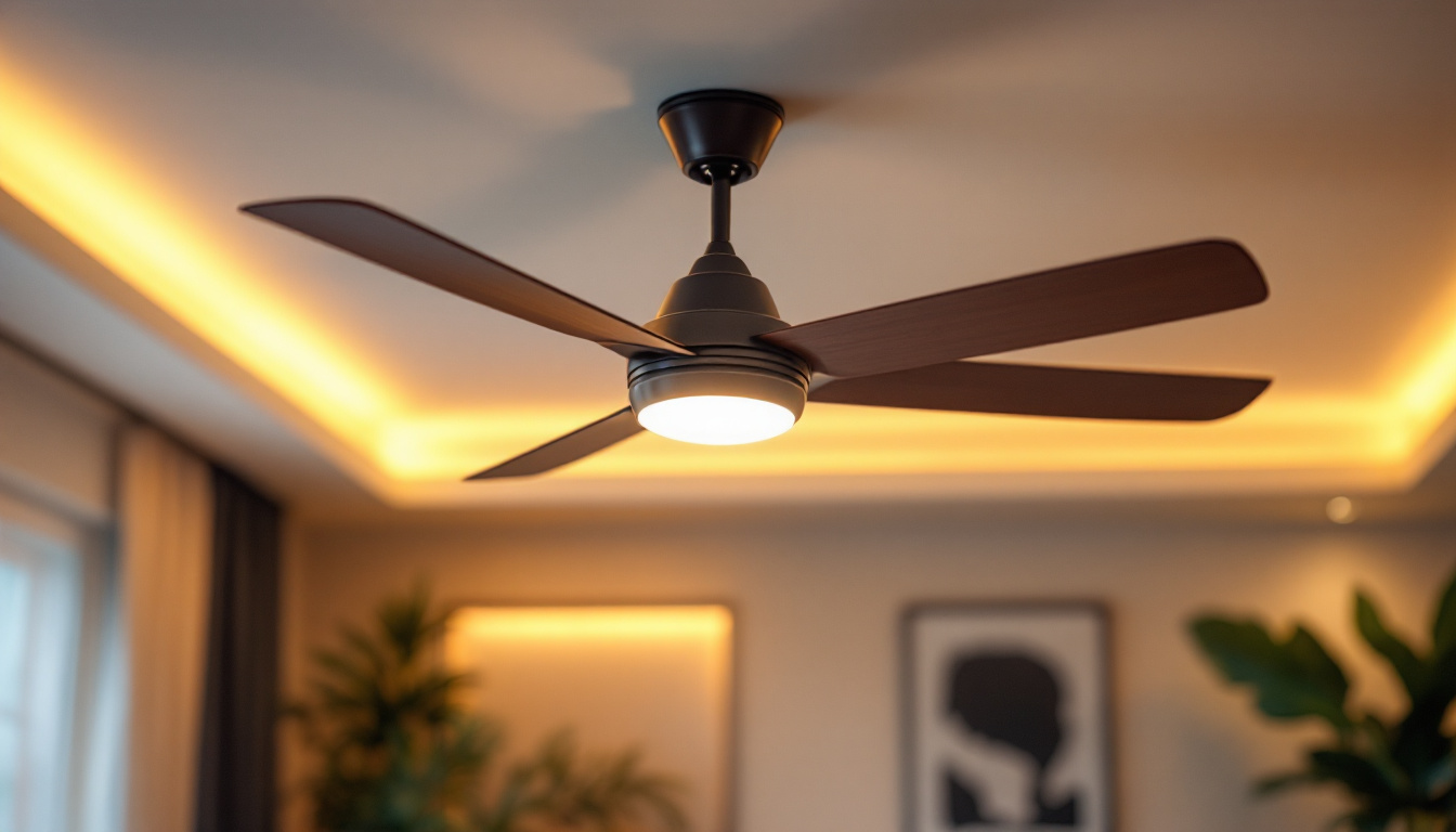 A photograph of a stylish ceiling fan with an integrated light fixture